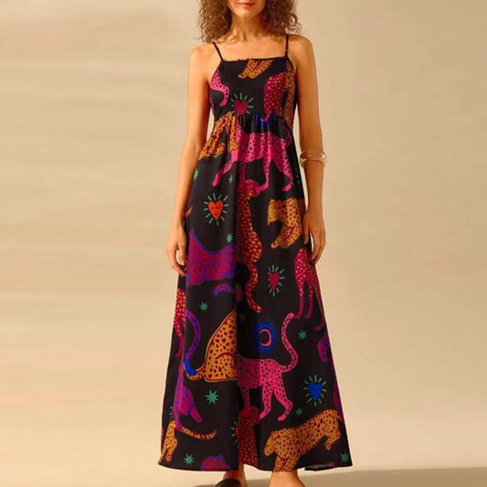 Sexy Women's Off Shoulder Summer Long Dress Casual Bohemian Pleated Sling Dress Graffiti Printed High Waist Beach Dress Vestidos