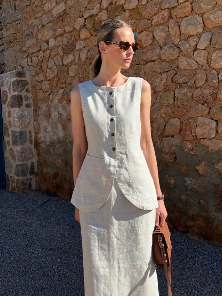 Breathable Linen High Waist Vest And Skirt Set For Women
