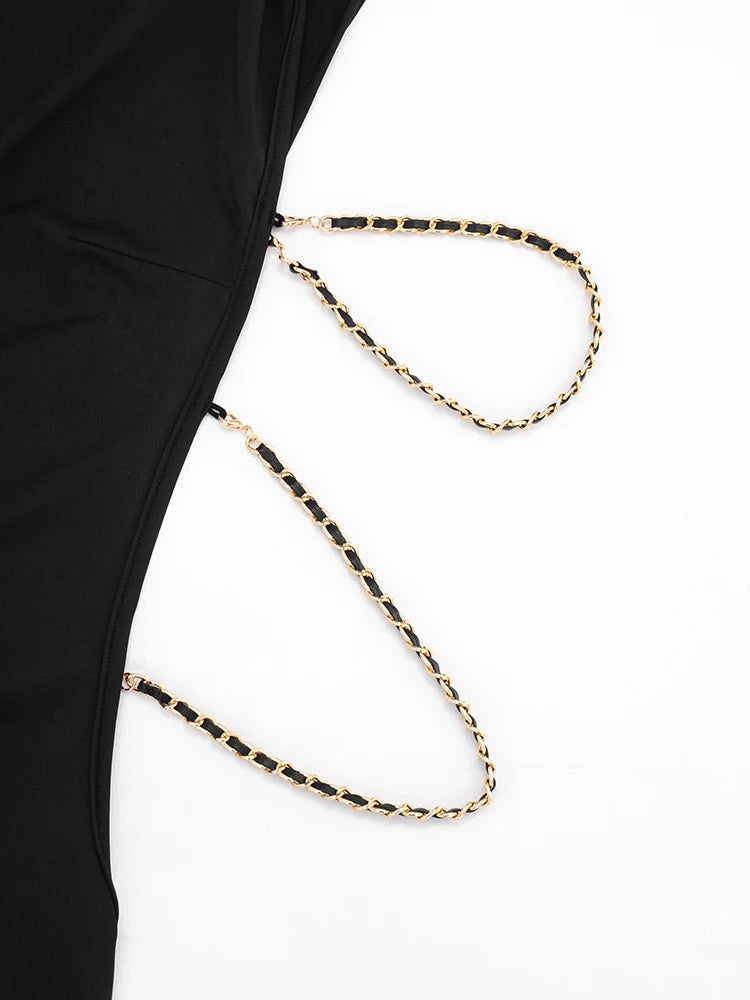 Metal Chain Detail O Neck Side Hollow Mini Dress for Women