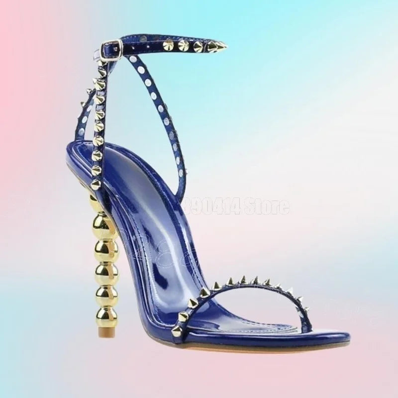 Rose Red Spiked Buckle Strap Heel Sandals for Women