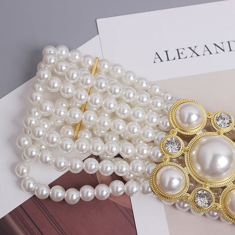 Pearl Embellished Elastic Waist Chain Belt for Women