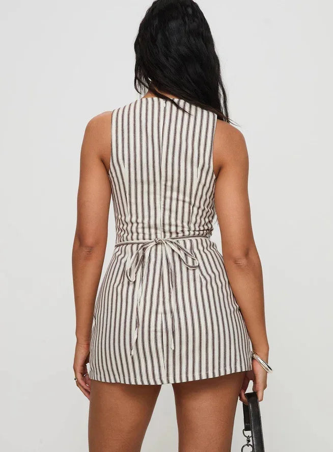 Casual Striped Print Crew Neck Sleeveless Mini Dress for Women