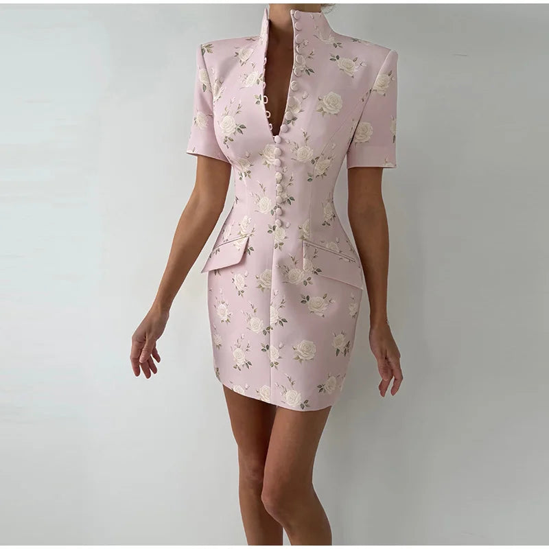 Elegant Printed Short Sleeve Stand Collar Dress for Women