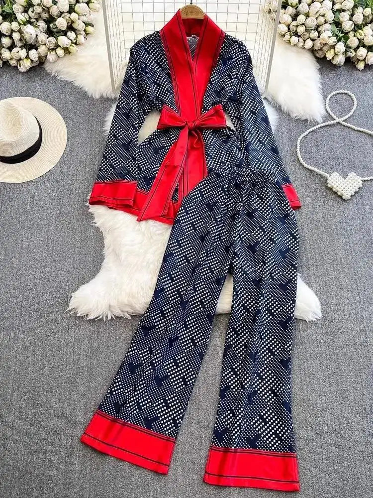 Women Contrast Dot Print V-Neck Loose Lace Up Top+Elastic Waist Wide Leg Pant Suit Autumn Fashion Kimono Cardigan Two Piece Set