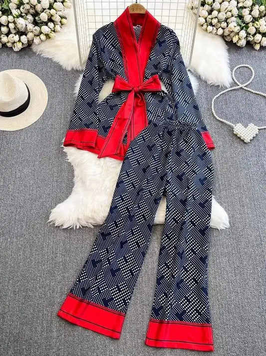 Women Contrast Dot Print V-Neck Loose Lace Up Top+Elastic Waist Wide Leg Pant Suit Autumn Fashion Kimono Cardigan Two Piece Set