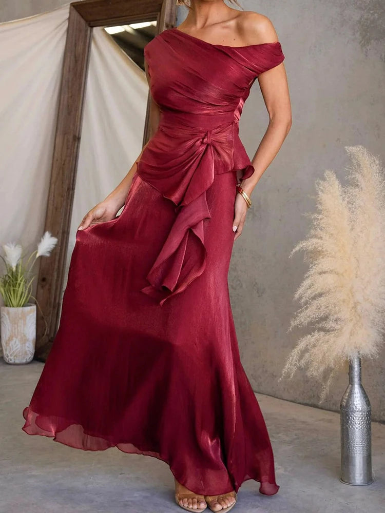 Asymmetrical Collar Top and Maxi Skirt Set for Women