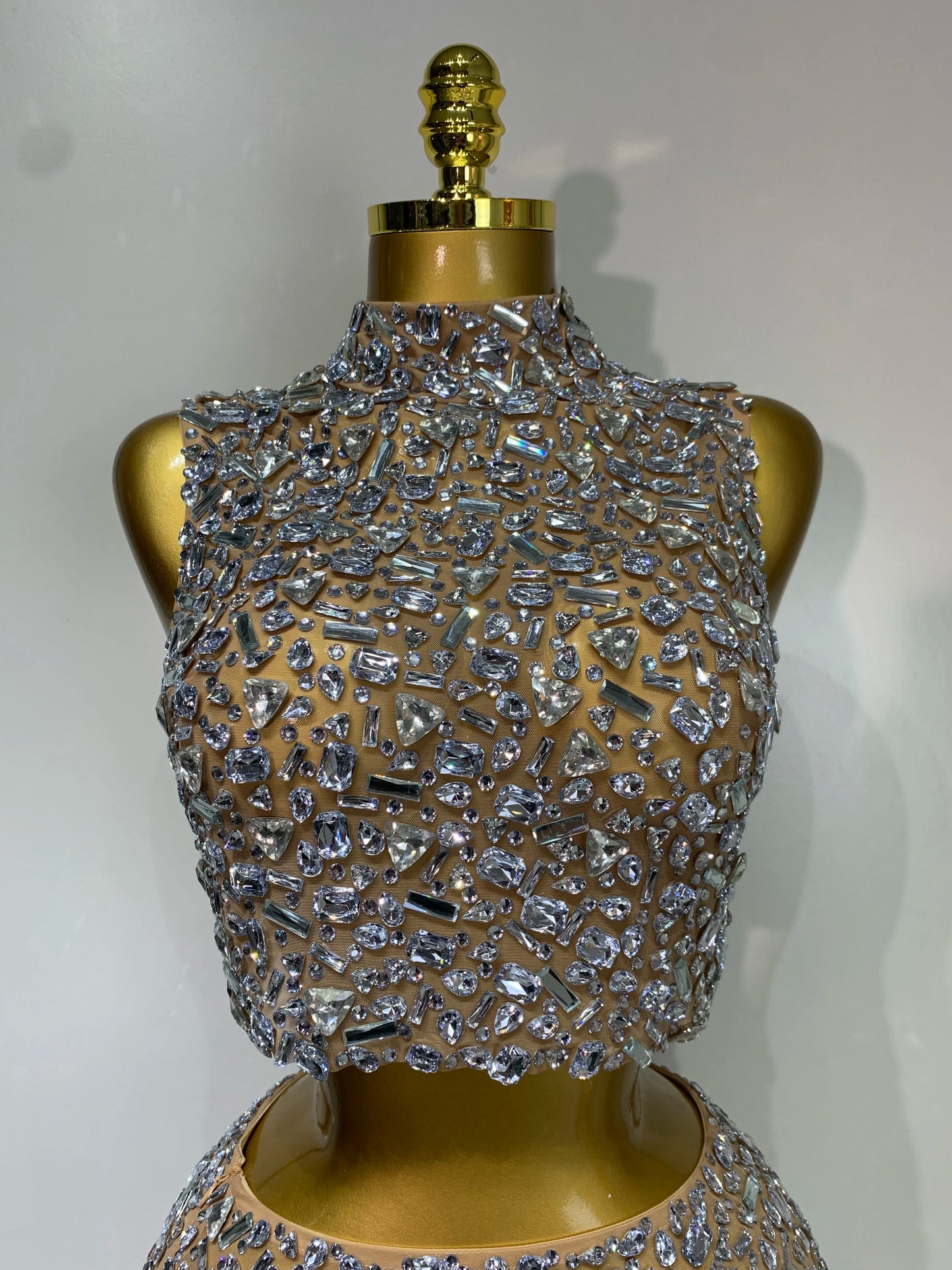 High Quality Sparkling Rhinestone Sexy See Through Blackless Top Skirt Two Pieces Set Woman Luxury Birthday Evening Party Gowns