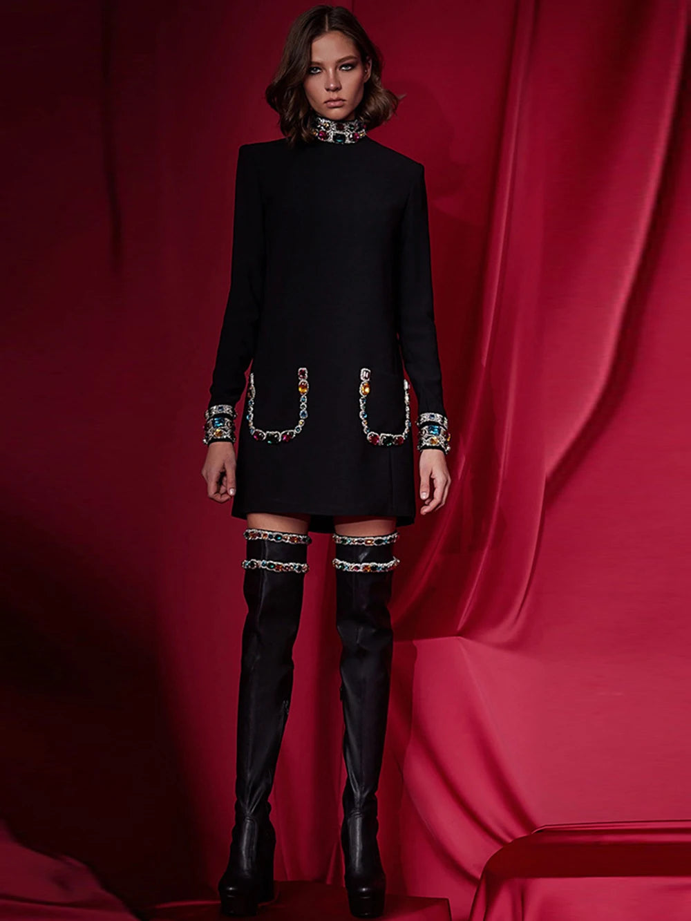 Modphy 2025 New Sparkling Luxury Colored Diamonds Stand Collar Design Mini Dress Women'S Long Sleeved Fashion Elegant Vestidos