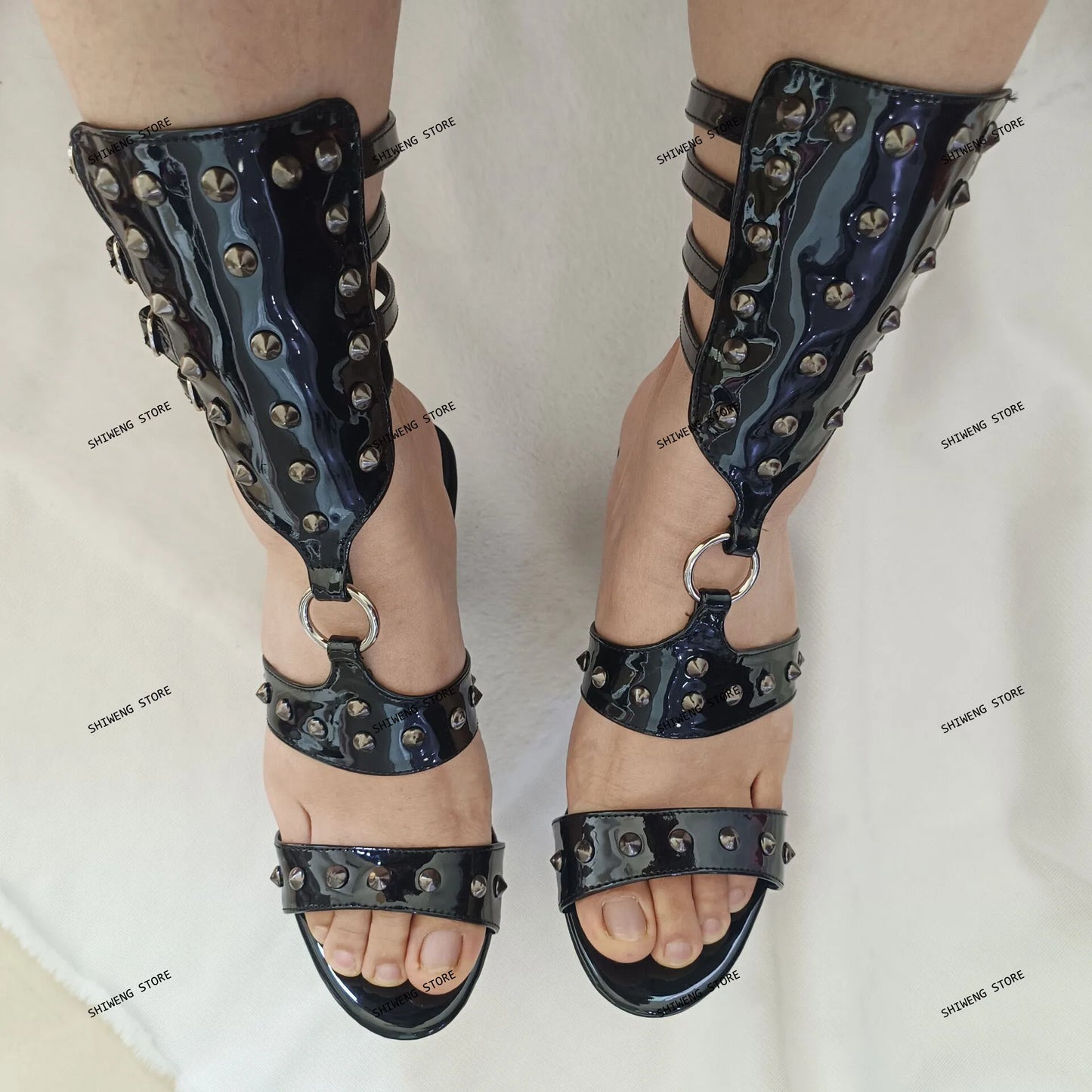 Black Leather Pointy Toe Buckle Pumps