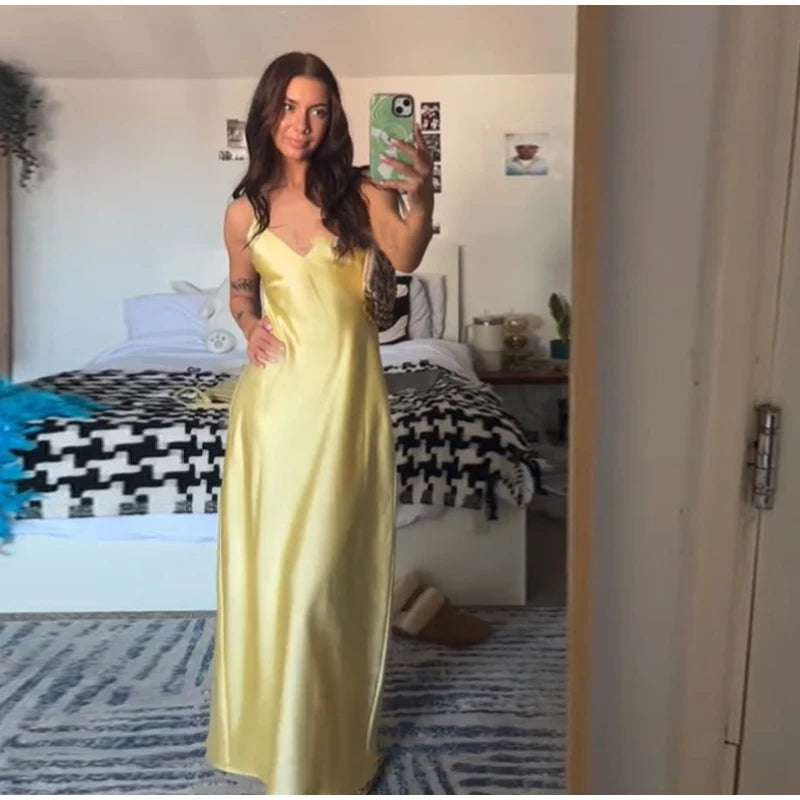 Brown Satin Lace Splicing Sling Dress Women Elegant Irregular Hem V Neck Backless Sleeveless Gown Chic Women Party Club Vestidos