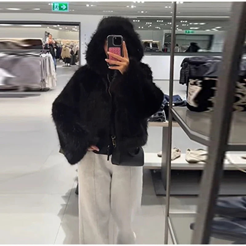 Winter Warm Hooded Faux Fur Long Sleeve Coat with Zipper for Women