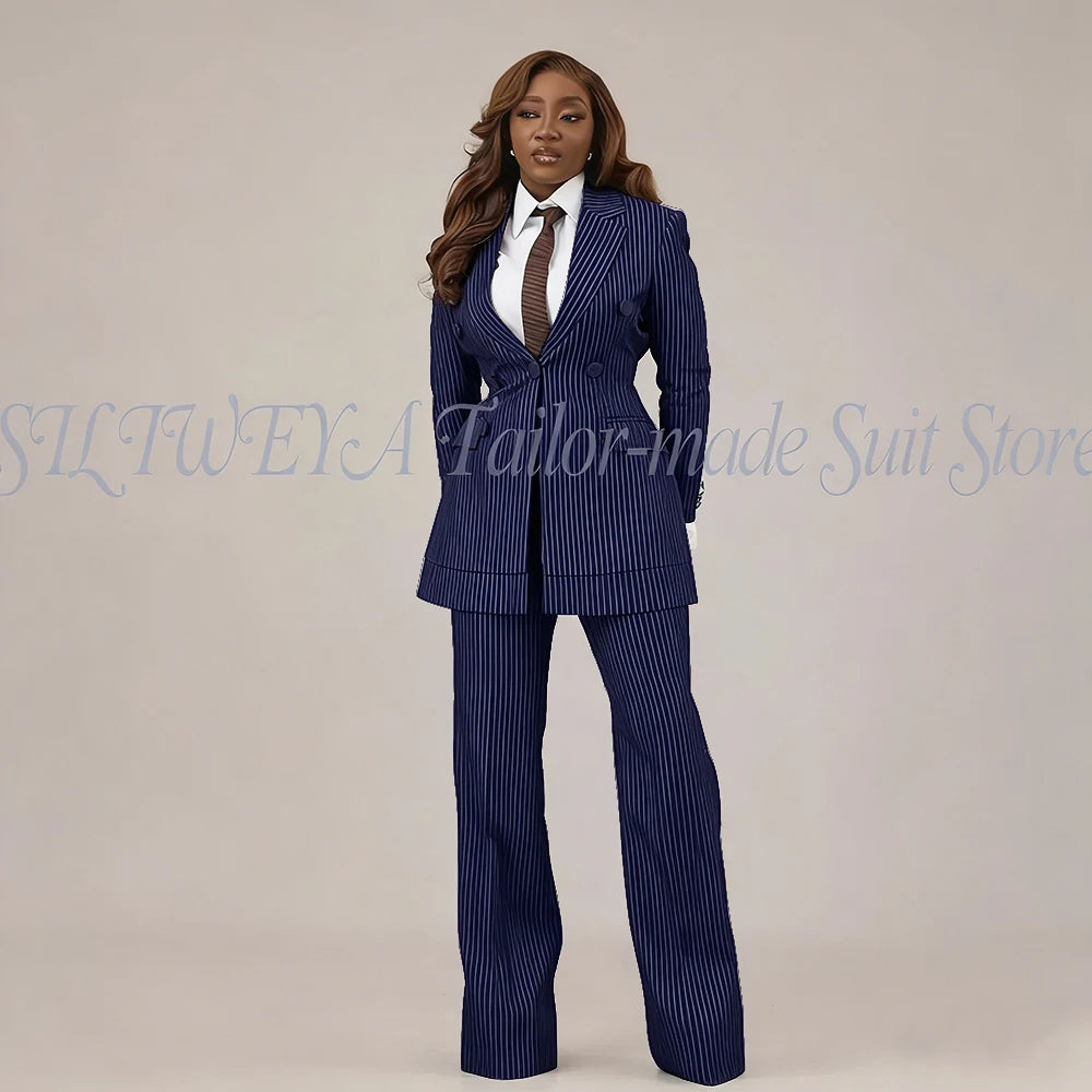 Slim Fit Brown Striped Blazer Set With Pants For Women