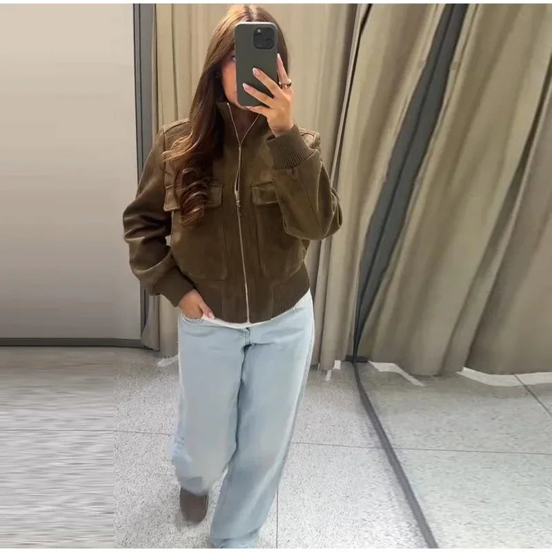 Vintage Suede Long Sleeve Jacket with Pockets for Women
