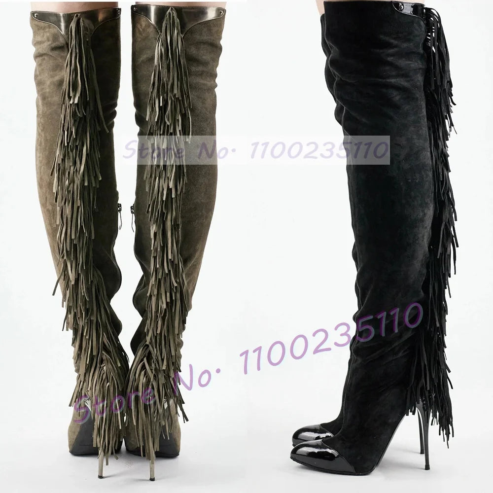 Grey Fringe Leather Over Knee Boots