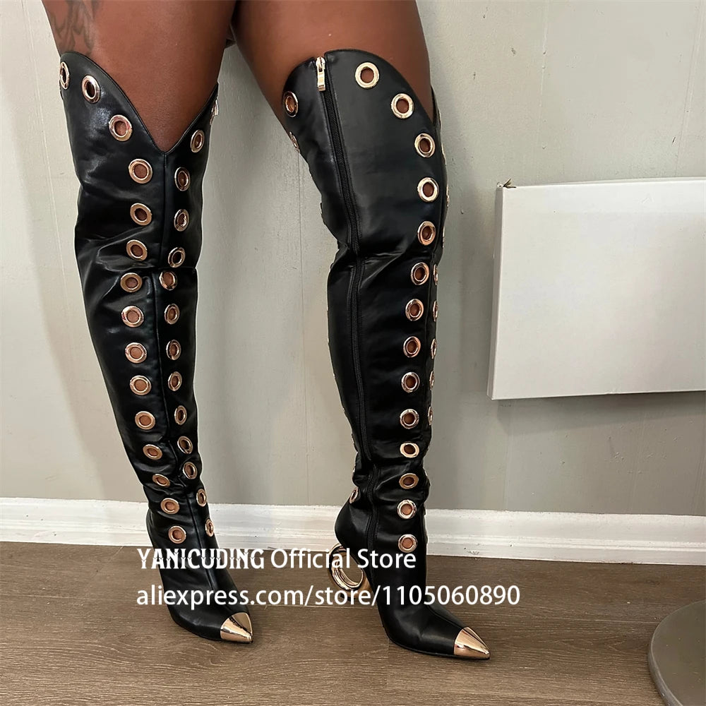Metal Eyelet Pointed Toe Over The Knee Boots for Women