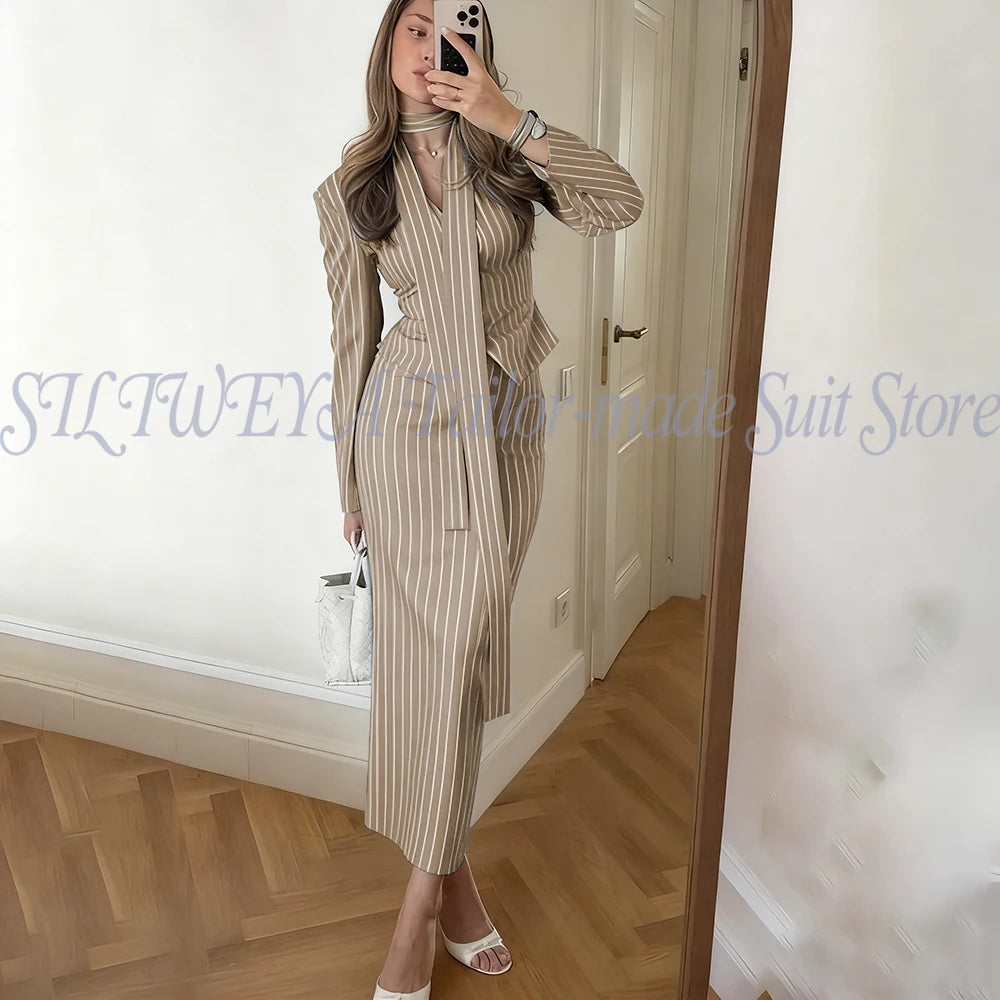 Single Breasted Blue Striped Blazer Skirt Set for Women