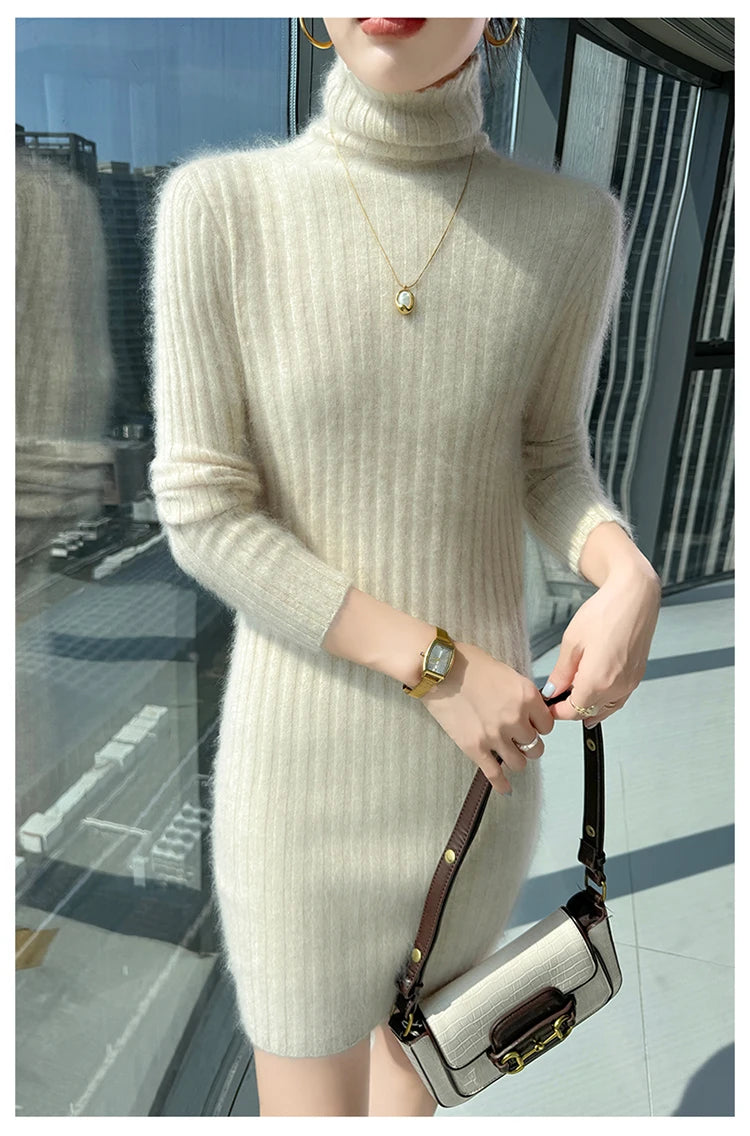 High Neck Slim Fit Stretch Knit Mini Dress for Women