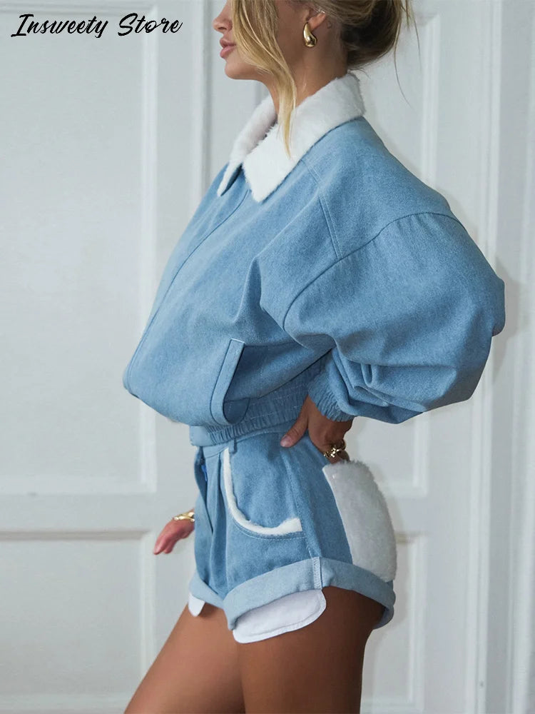 Lapel Jacket and Ruffle Hem Shorts Two-Piece Set for Women