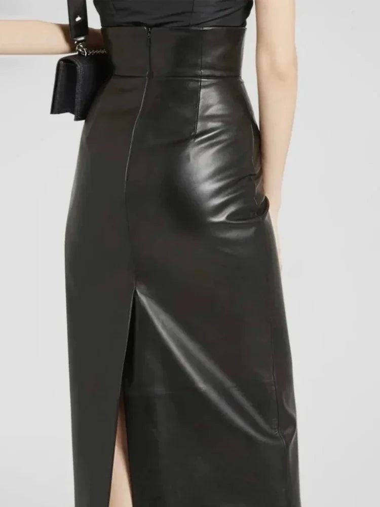 Vintage Faux Leather High Waist Midi Skirt for Women