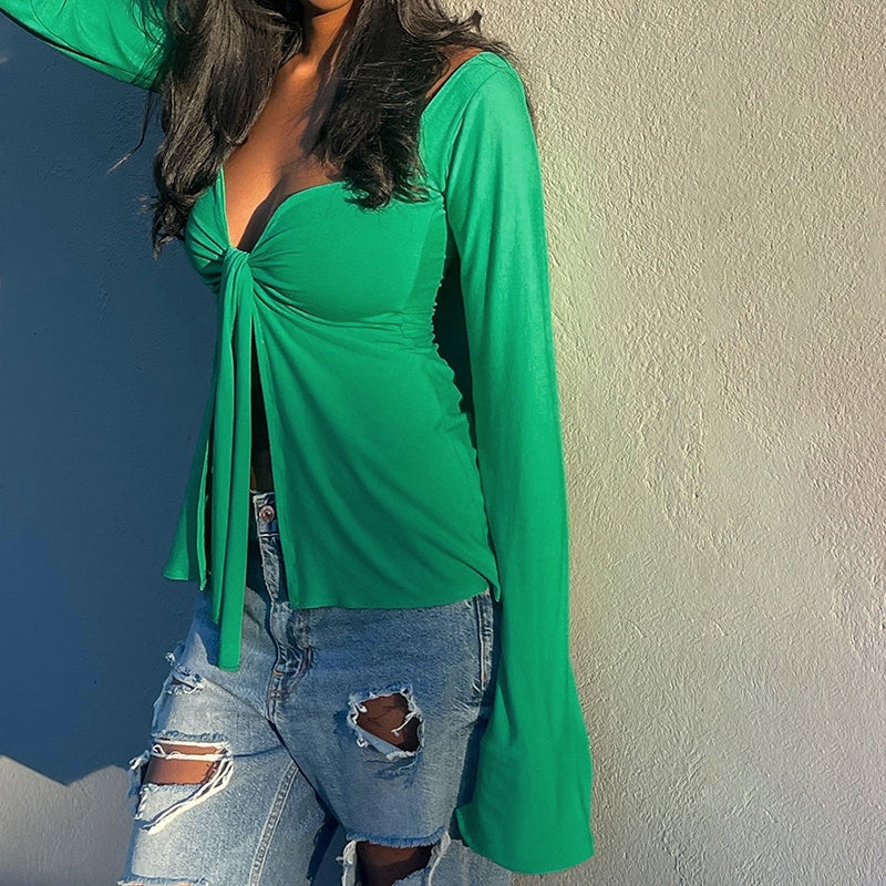 Y2K Cottage Retro Grunge Crop Tops Clothes Elegant Front Tie Up V Neck T-shirt 90s Vintage Chic Women Long Sleeve Blouse Tees