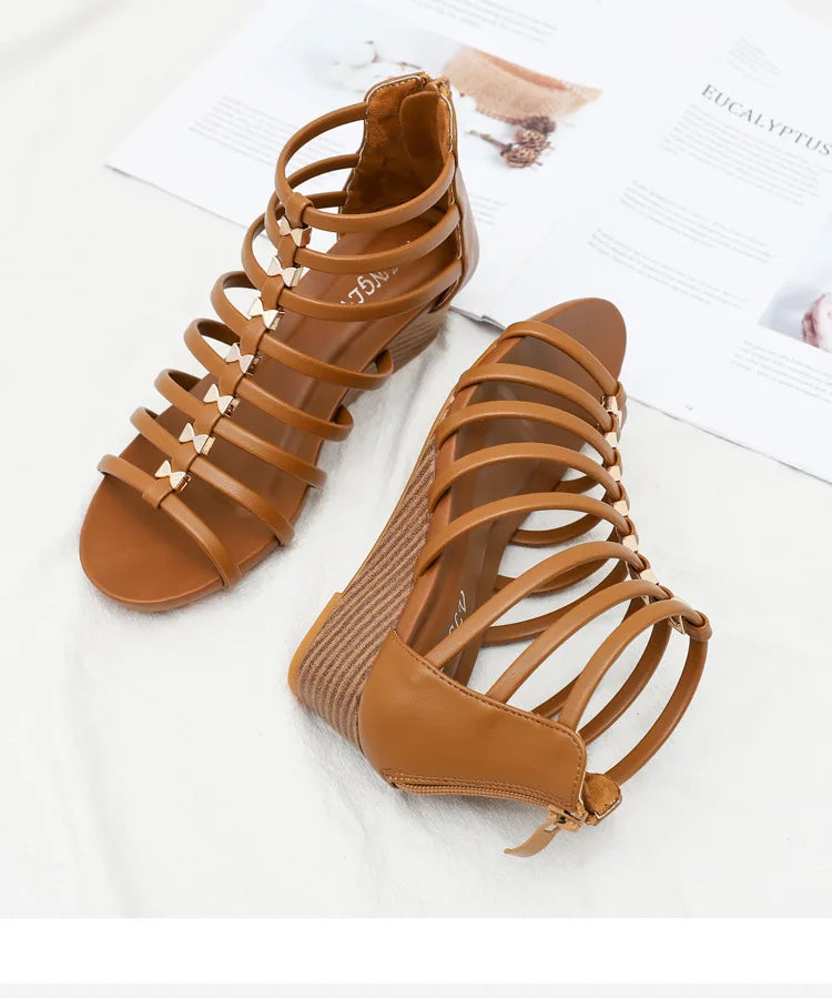 Vintage Hollow Roman Wedge Sandals Round Toe For Women