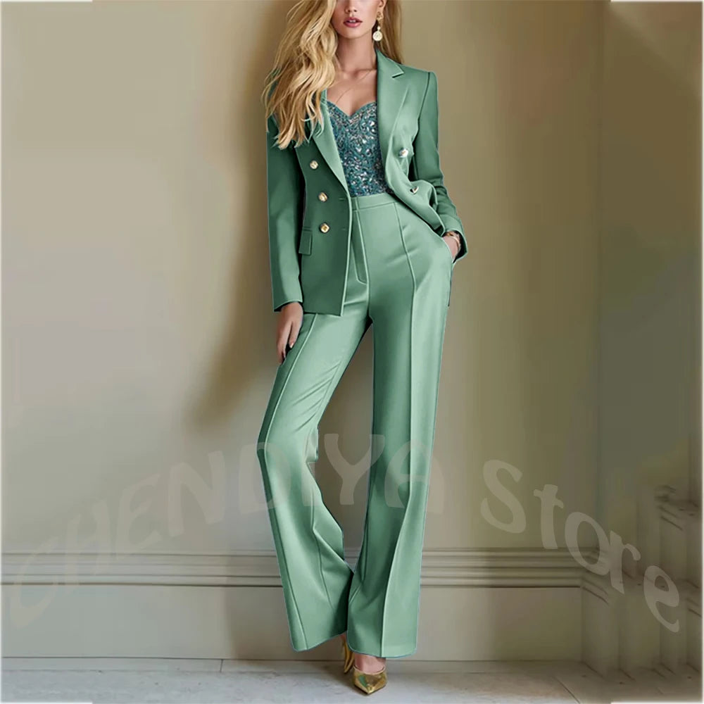 Solid Color Suit For Women High Quality Double Breasted Two Piece Notch Lapel Slim Fit Elegant Fashion Female Outfit Jacket Pant
