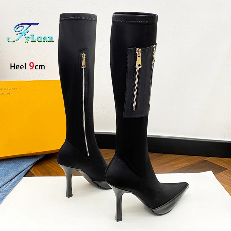 Black Pointy Toe Kneehigh Stiletto Boot