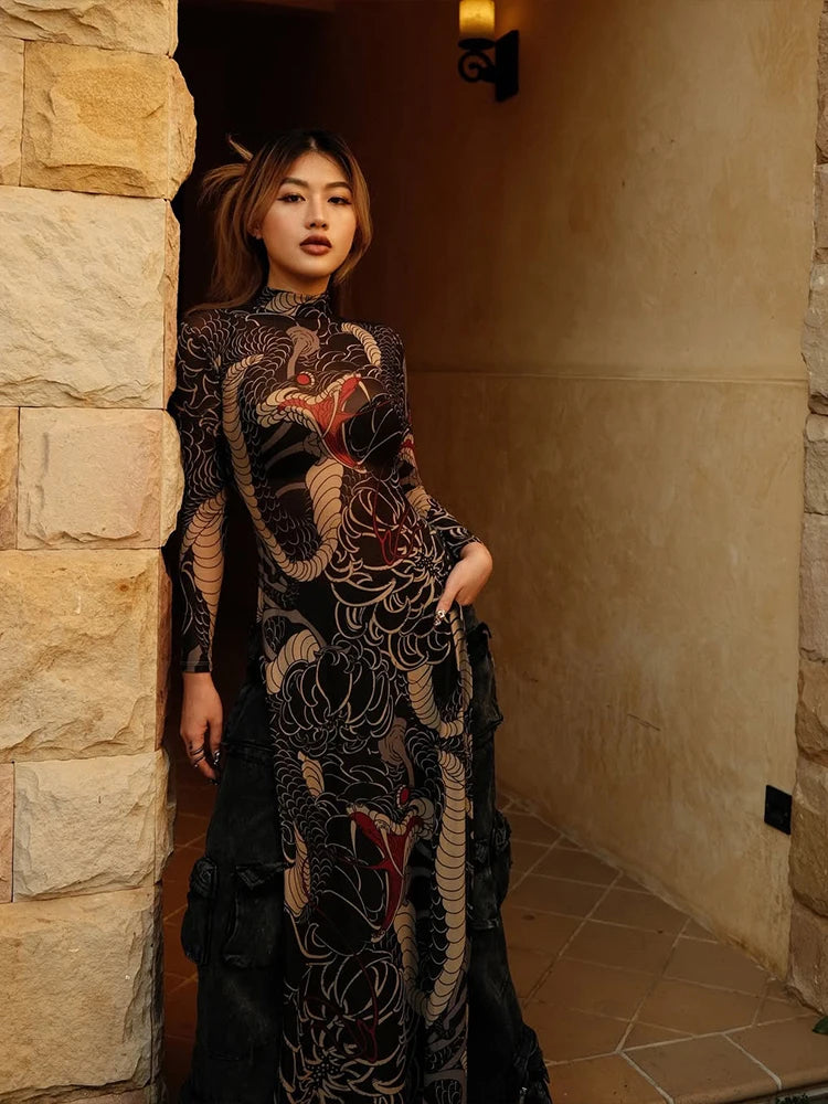 Snake Print Sheer Turtleneck Long Sleeve Top for Women