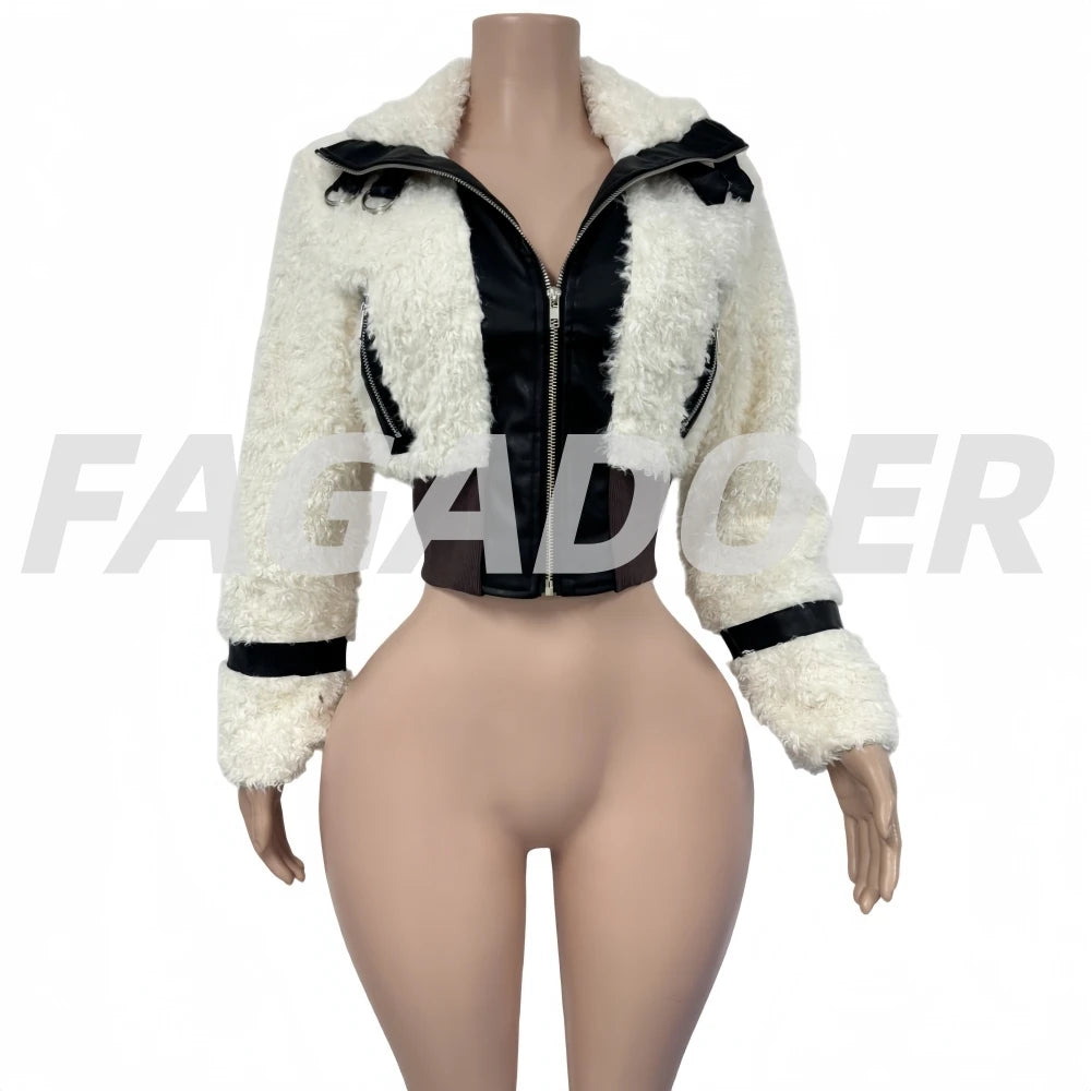 Winter Faux Fur Patchwork Leather Jacket for Women