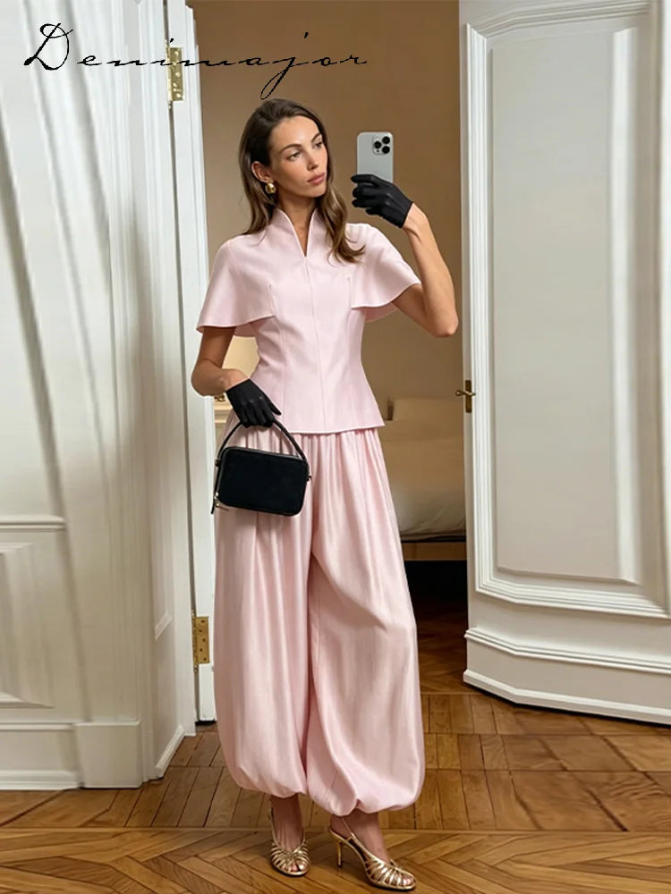 Casual V-Neck Top and Wide-Leg Pants Set for Women