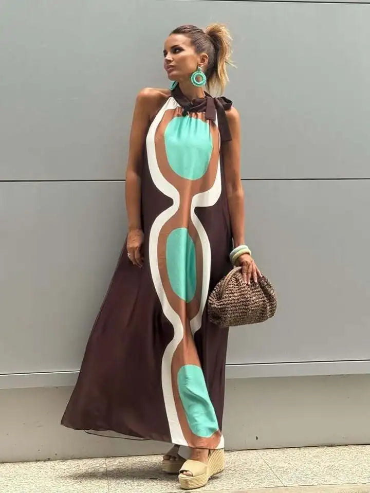 Casual Print Halter Neck Relaxed Fit Maxi Dress for Women