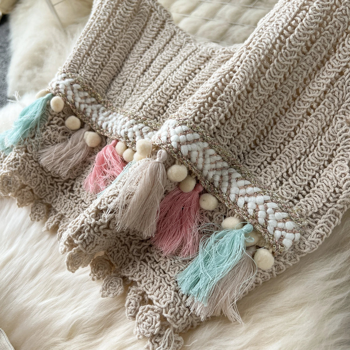 Bohemian Knit Tassel Crop Top and Skirt Set for Women