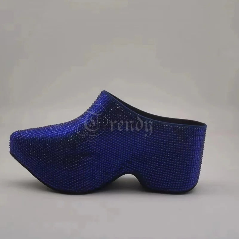 Black Mirror Leather Pointed Toe Crystal Slingback Mules For Women