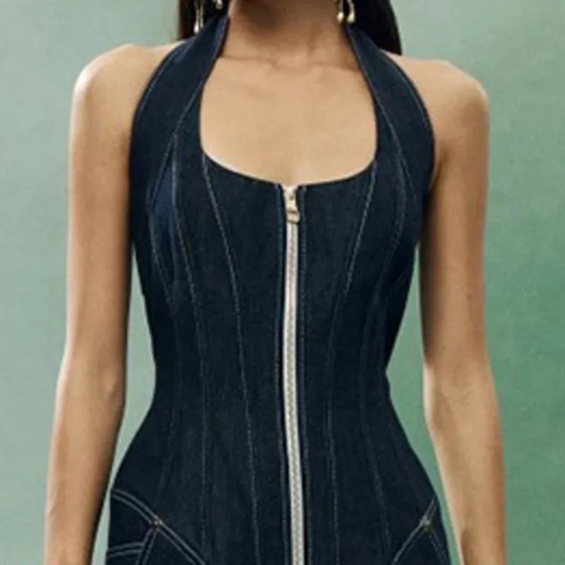 ANJY Summer New Women's Tide High Street Y2K Chic Trendy Sleeveless Halter Neck Backless Waist Cinching Zipper Denim Dress A8053