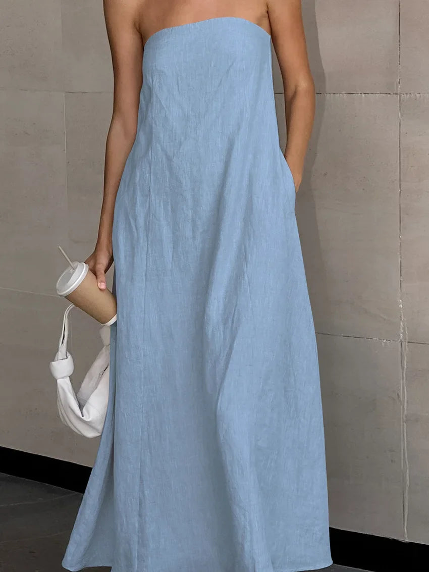 Solid Color Strapless Sleeveless Pocket Dress for Women