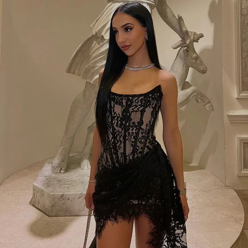 Elegant Vintage See-Through Stretch Lace Dress for Women