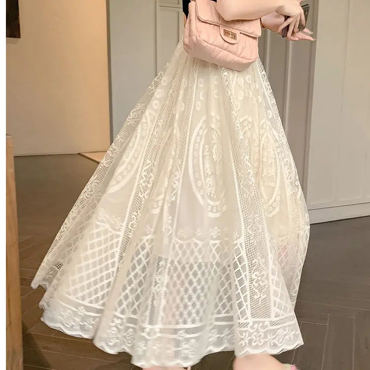 High Waisted Lace A Line Swing Midi Skirt for Women
