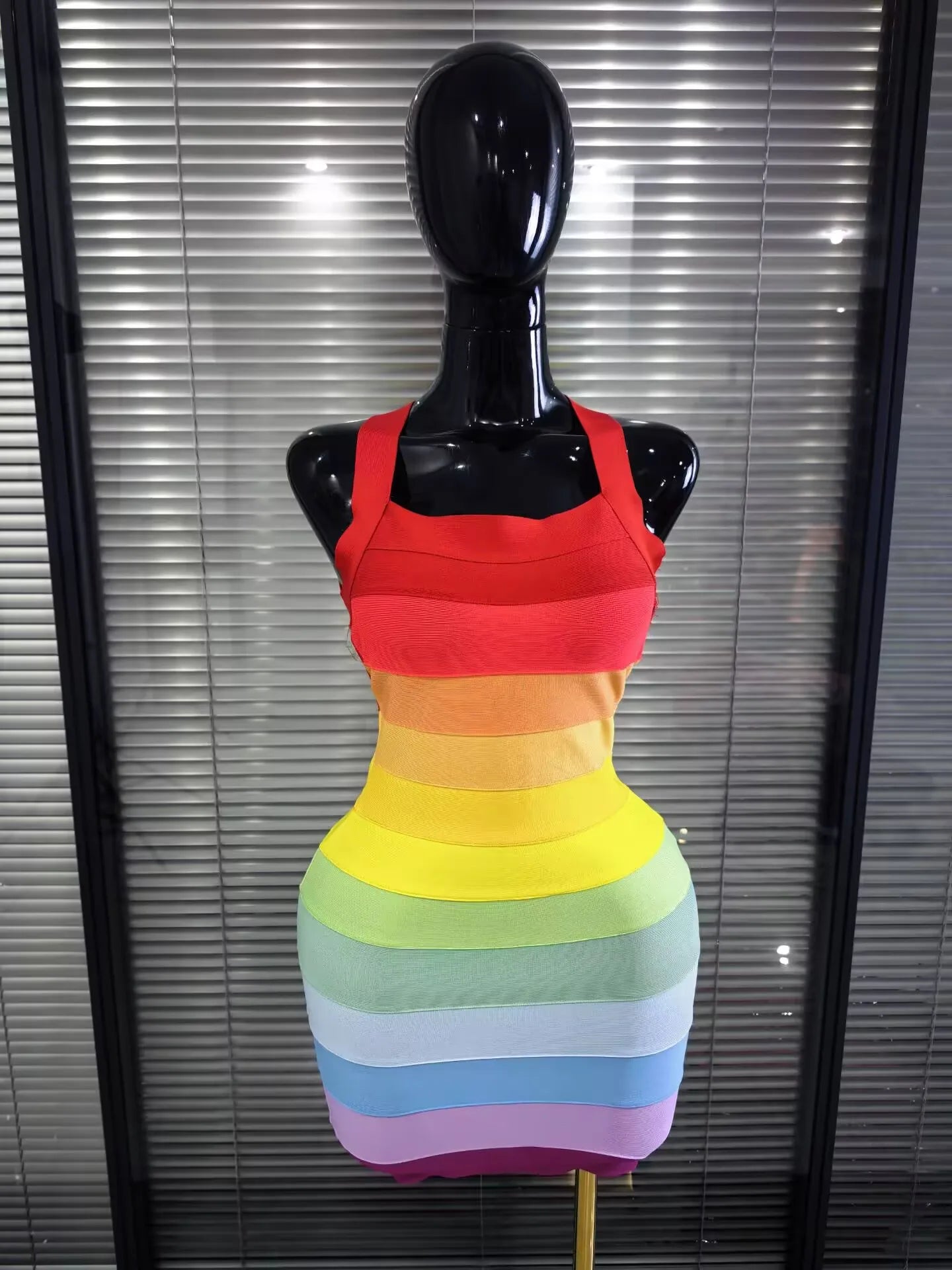 Rainbow Color Women Sexy Halter Backless Bodycon Mini Bandage Dress Nightclub Party Celebrate Fashion Birthday Clothing