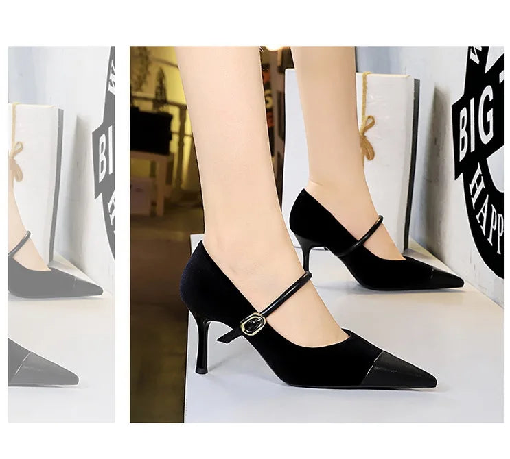 Suede Buckle Strap Pointed Toe Stiletto Pumps for Women