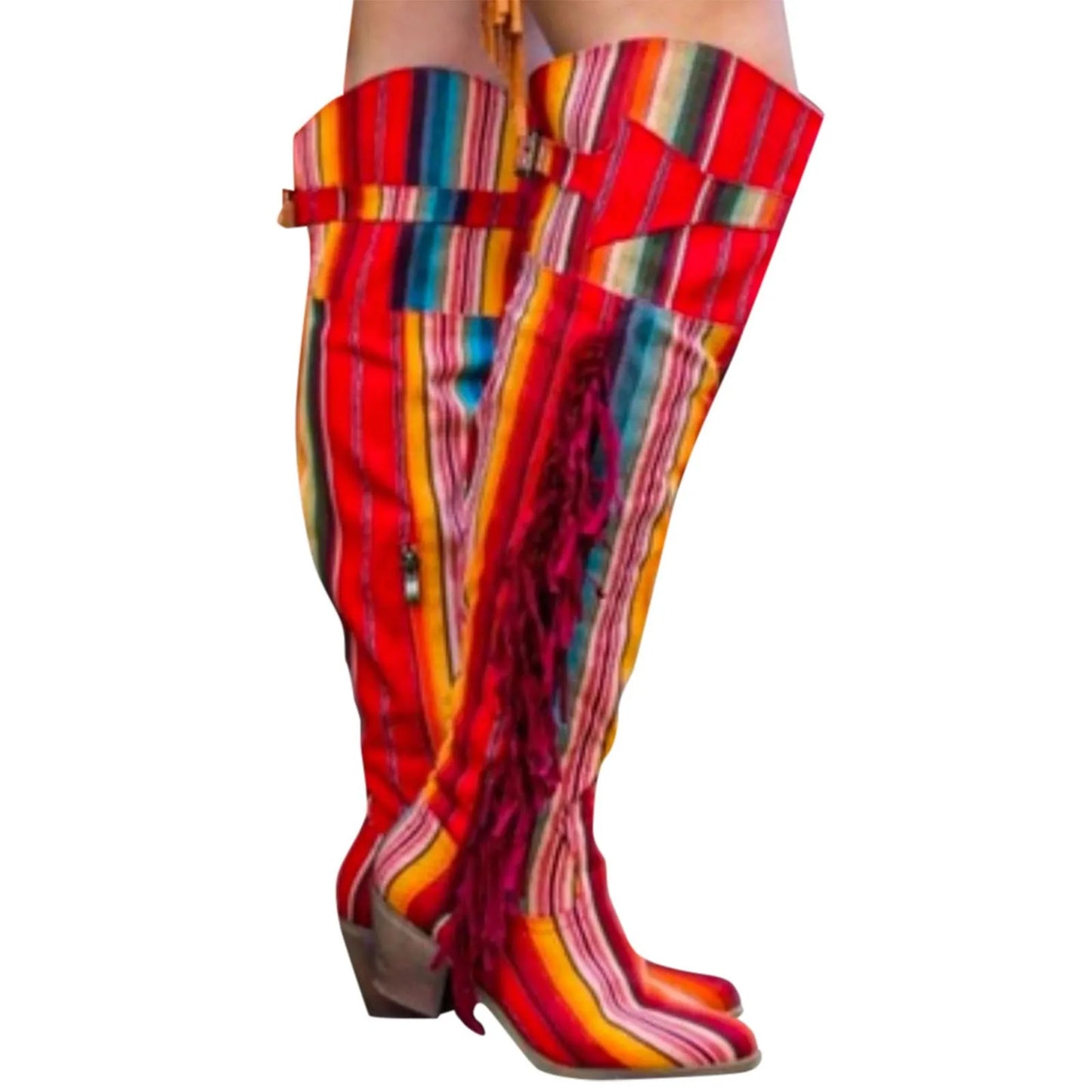 Vintage Rainbow Tassel Lace Up Over The Knee Boots for Women