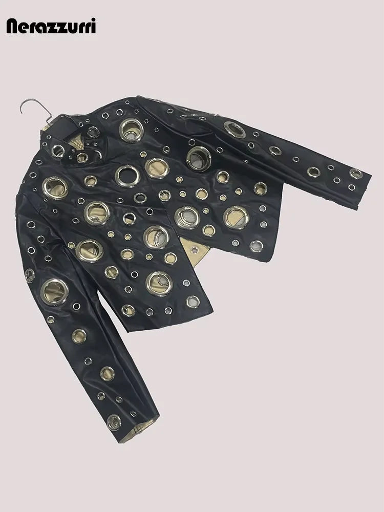 Sequin Hollow Out Patchwork Faux Leather Jacket For Women