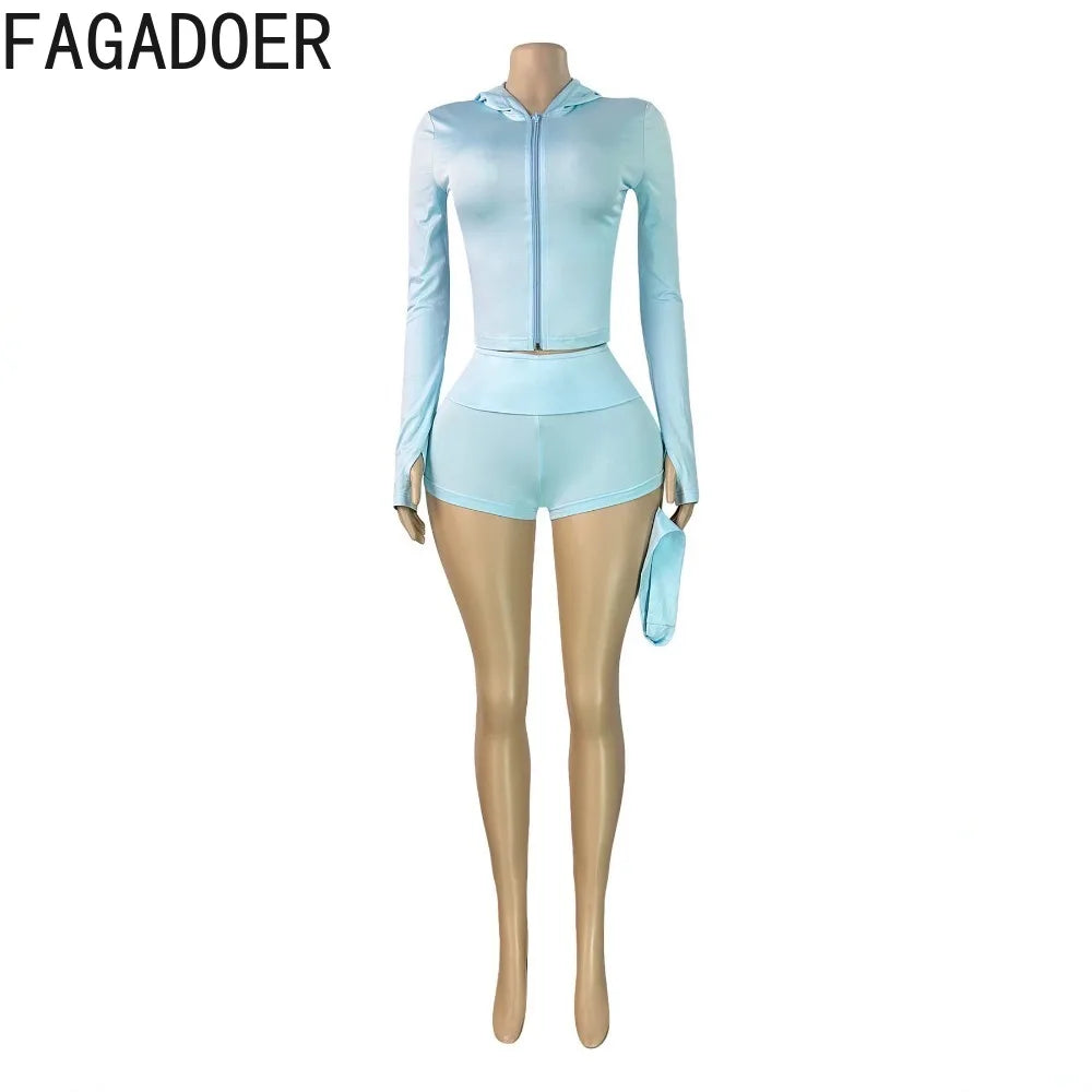 Casual Three Piece Hooded Crop Top and Shorts Set for Women