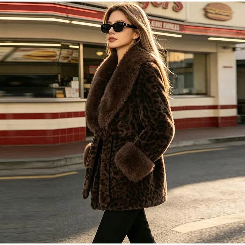 Leopard Print Faux Fur Patchwork Winter Overcoat for Women