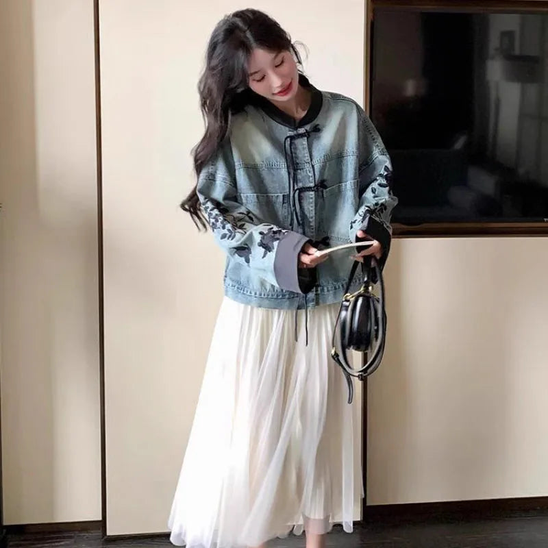Plus Size Embroidered Denim Jacket