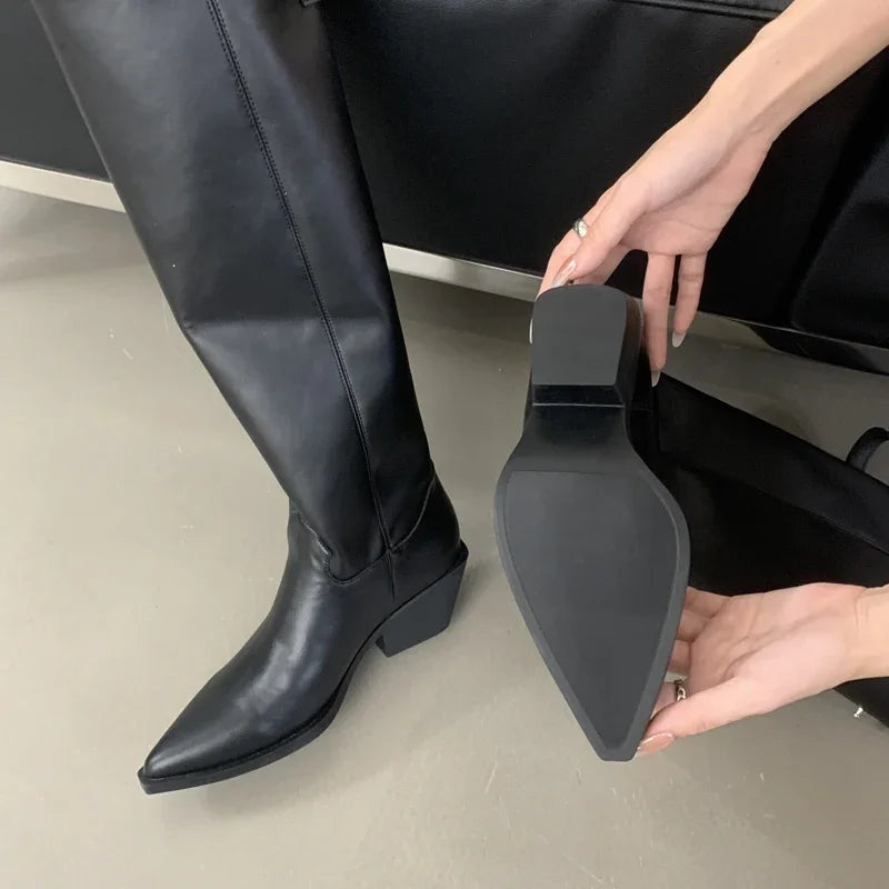 Belt Buckle Knee High Boots