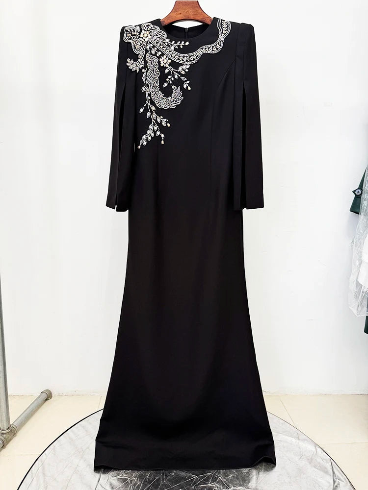 HIGH STREET Newest Fashion 2026 Designer Party Vestido Women's Slit Sleeve Diamonds Beaded Maxi Long Dress