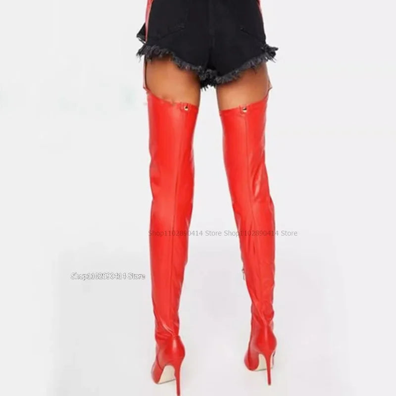 Red Pointed Toe Stiletto Thigh High Boots With Matching Belt for Women
