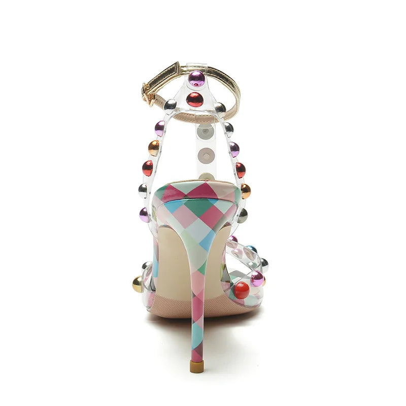Studded Transparent T-Strap Stiletto Sandals for Women