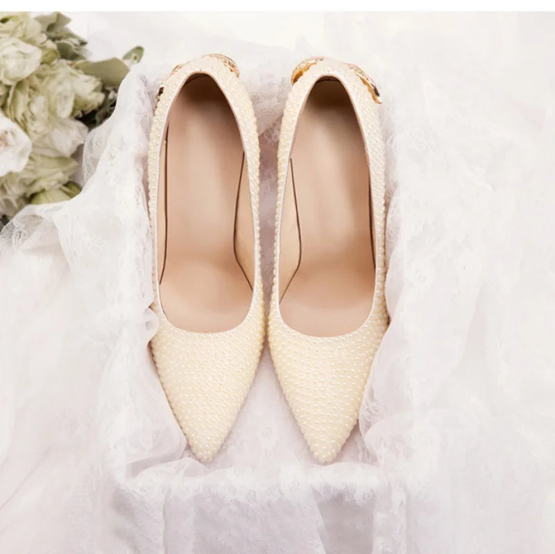 Golden Pearl Embellished Bridal High Heel Pumps For Women