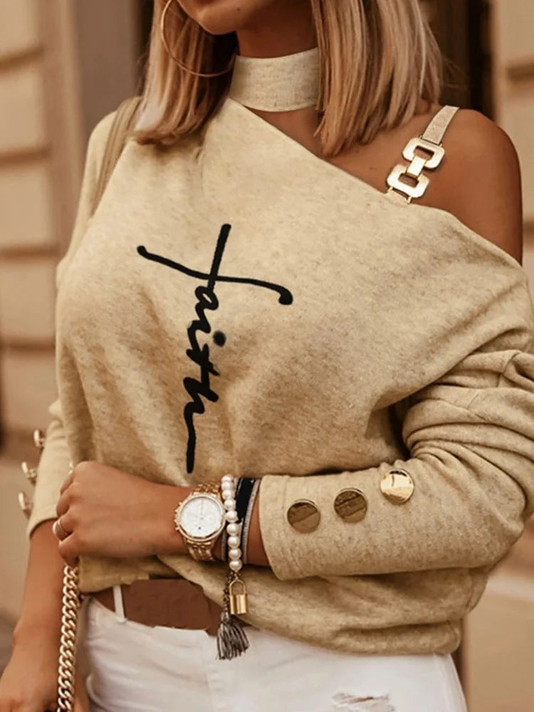 Women Sexy Off Shoulder Solid Pullover Top Spring Autumn Skew Collar Casual Blouse Ladies Streetwear Chain Button Shirt Blusas